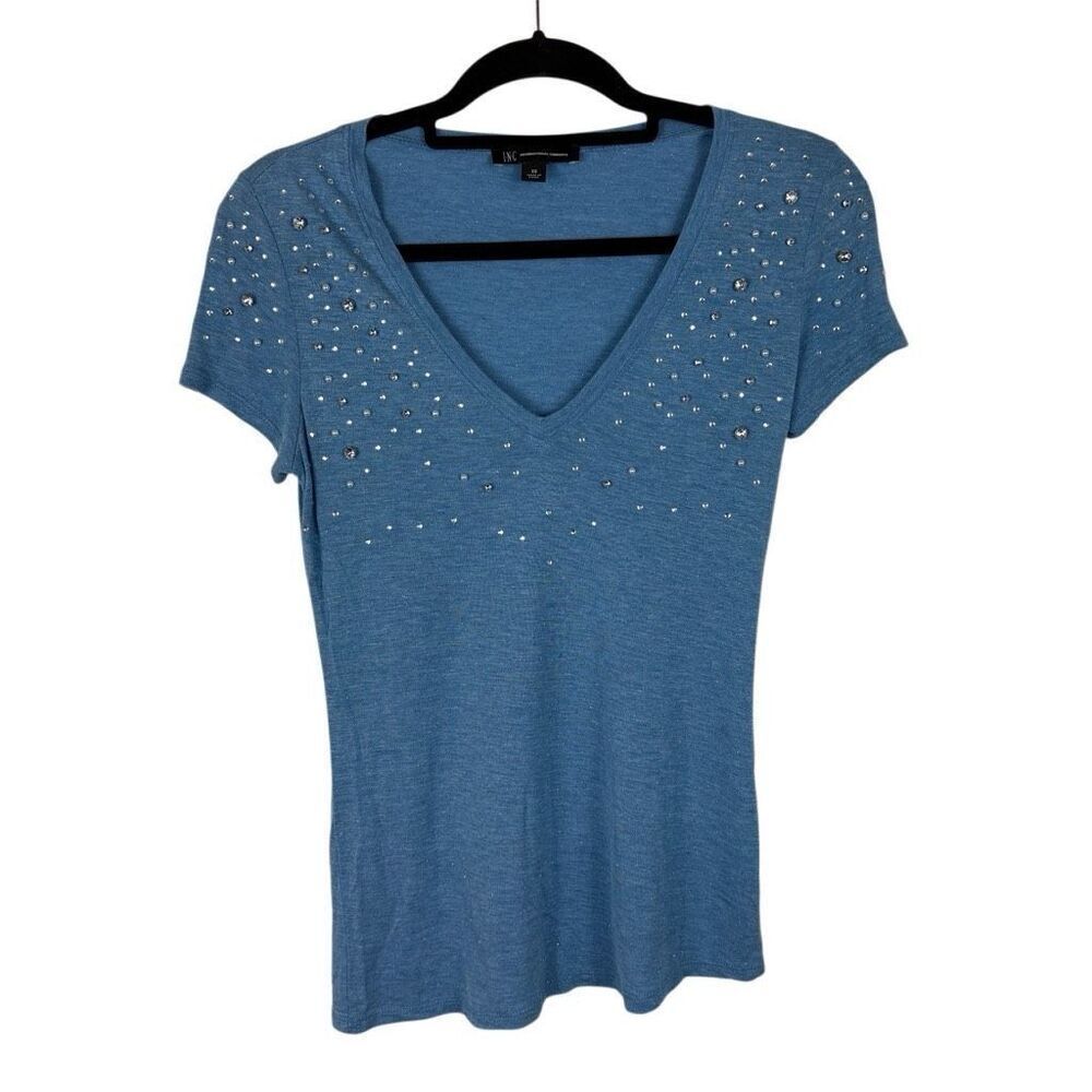 INC International Concepts Baby Blue Bedazzled T-Shirt- size xs